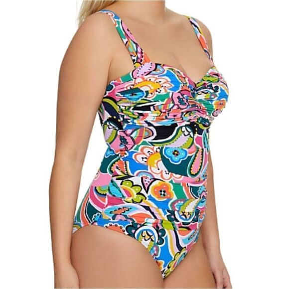 Bleu Rod Beattie Paisley Floral Print Shirred Bandeau One Piece Swimsuit sz 10 - Picture 15 of 16